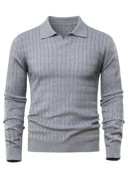 Men's Polo Sweater with Textured Cable Knit and Long Sleeves