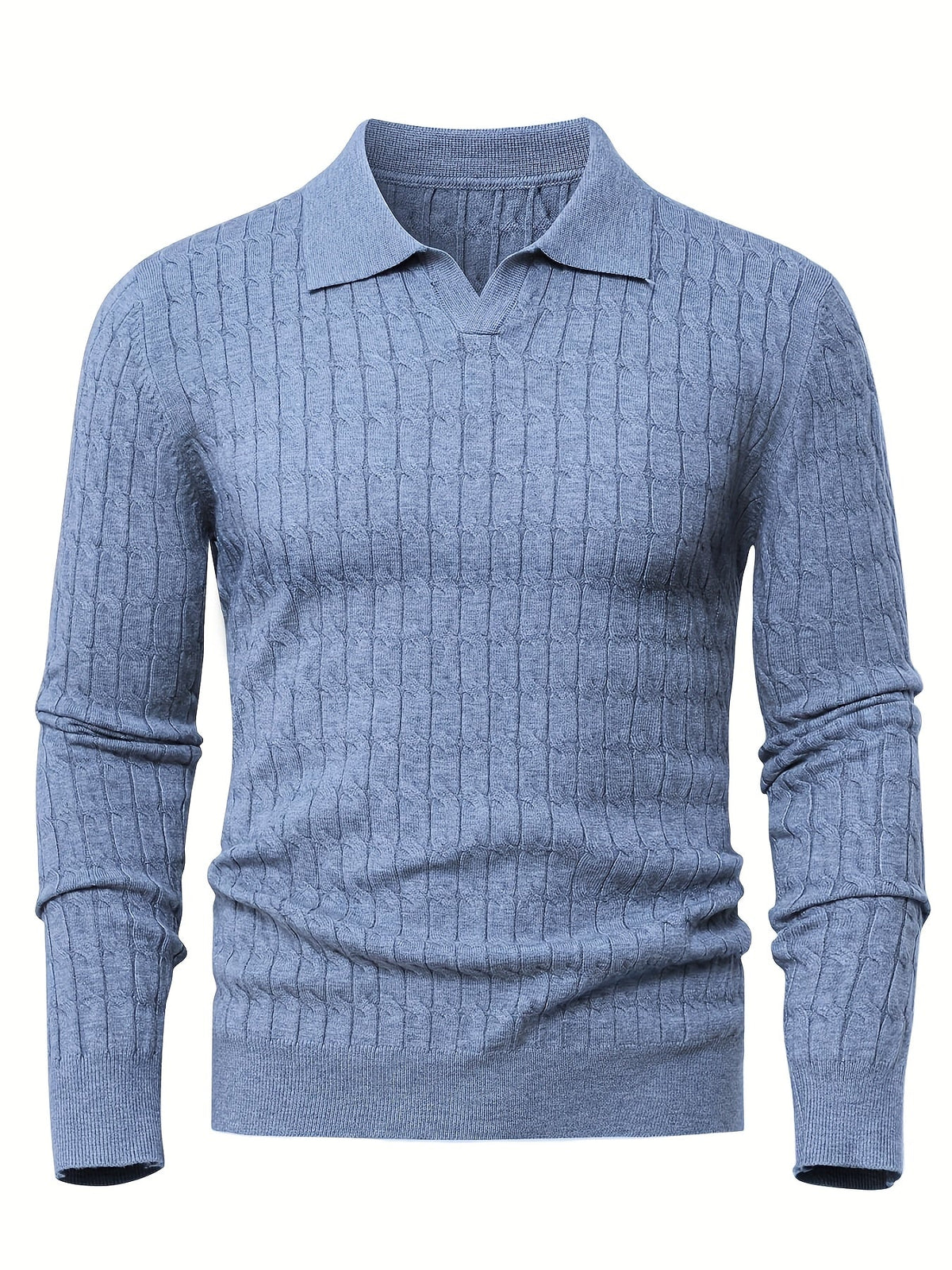 Men's Polo Sweater with Textured Cable Knit and Long Sleeves