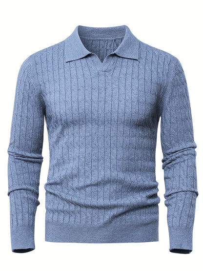 Men's Polo Sweater with Textured Cable Knit and Long Sleeves