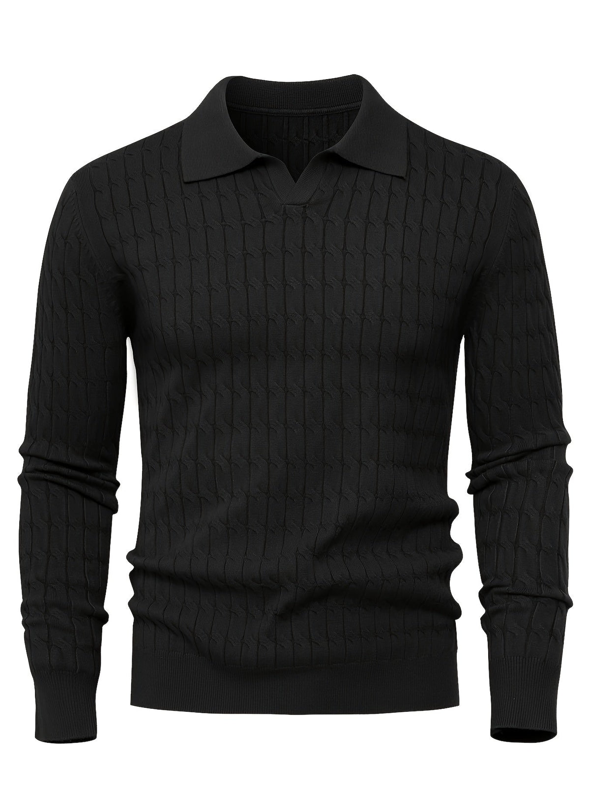 Men's Polo Sweater with Textured Cable Knit and Long Sleeves