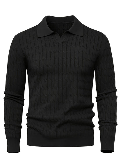 Men's Polo Sweater with Textured Cable Knit and Long Sleeves