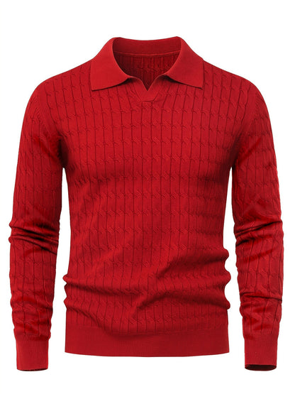 Men's Polo Sweater with Textured Cable Knit and Long Sleeves