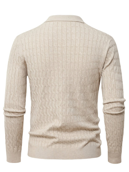 Men's Polo Sweater with Textured Cable Knit and Long Sleeves