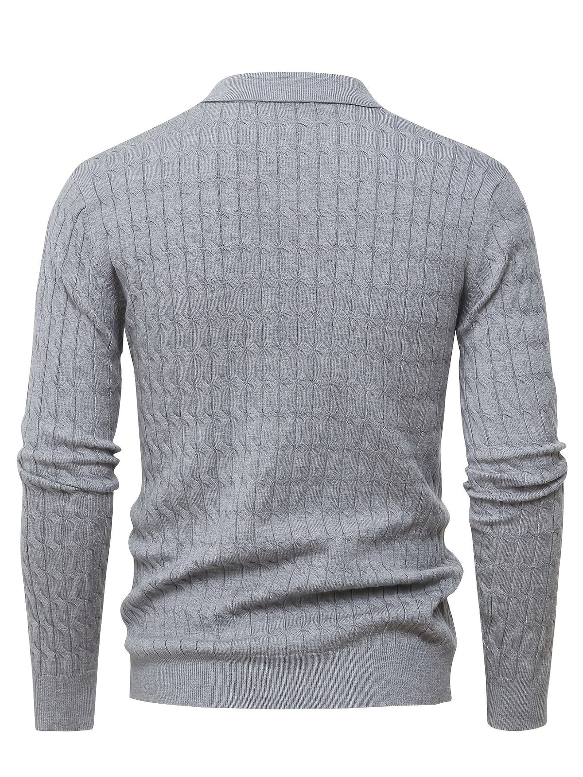 Men's Polo Sweater with Textured Cable Knit and Long Sleeves