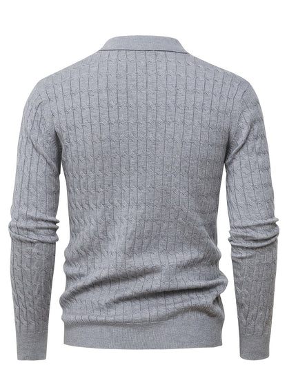Men's Polo Sweater with Textured Cable Knit and Long Sleeves