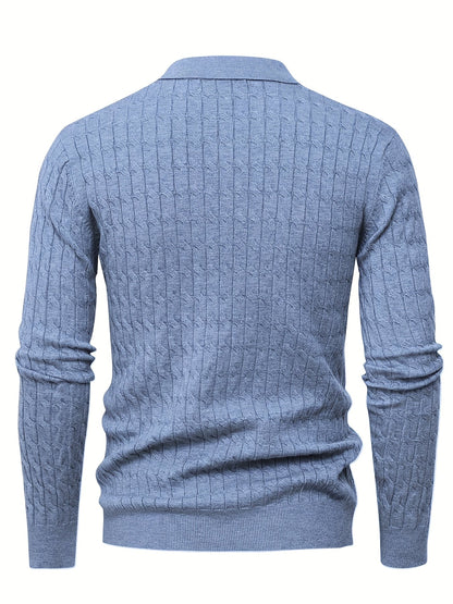 Men's Polo Sweater with Textured Cable Knit and Long Sleeves