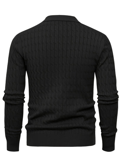 Men's Polo Sweater with Textured Cable Knit and Long Sleeves