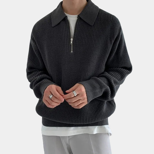 Men's Ribbed Knit Sweater – Half-Zip, Spread Collar