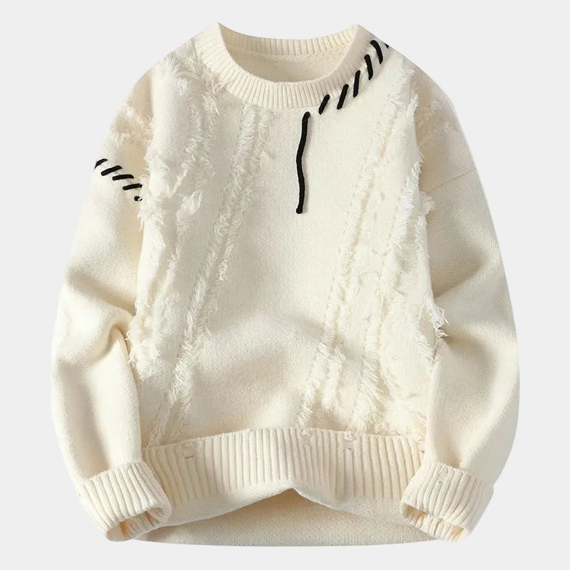 Men's Crewneck Sweater with Frayed Seams