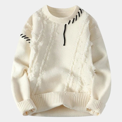 Men's Crewneck Sweater with Frayed Seams