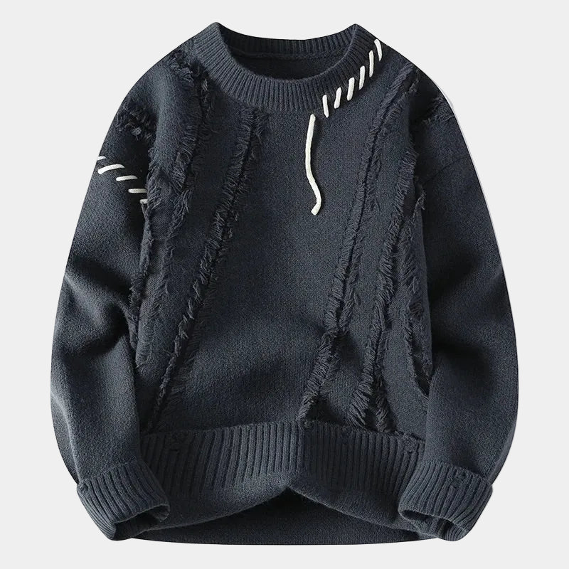 Men's Crewneck Sweater with Frayed Seams