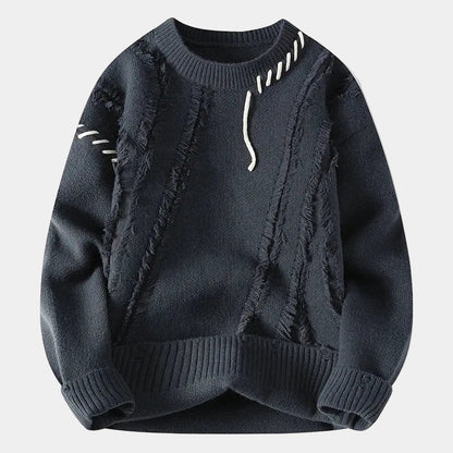 Men's Crewneck Sweater with Frayed Seams