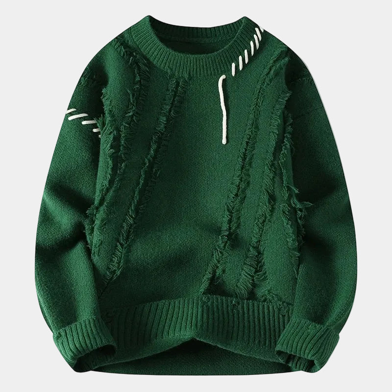 Men's Crewneck Sweater with Frayed Seams