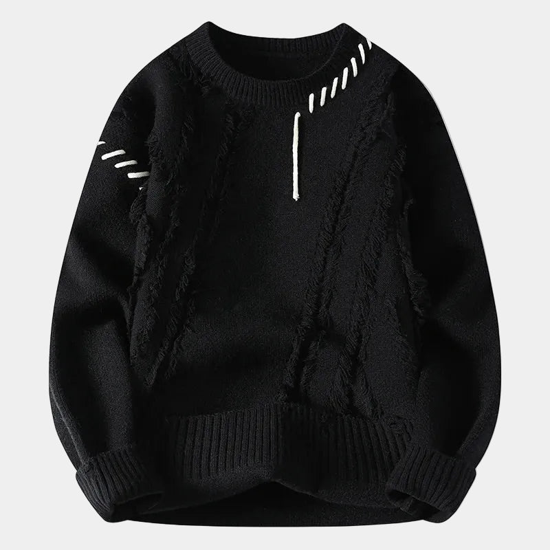 Men's Crewneck Sweater with Frayed Seams