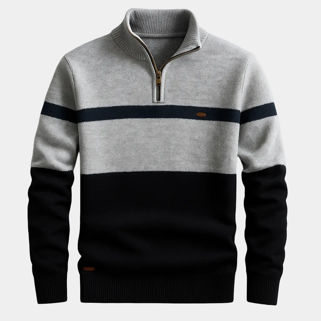 Men's Quarter-Zip Sweater – Knit, Striped, Stand Collar