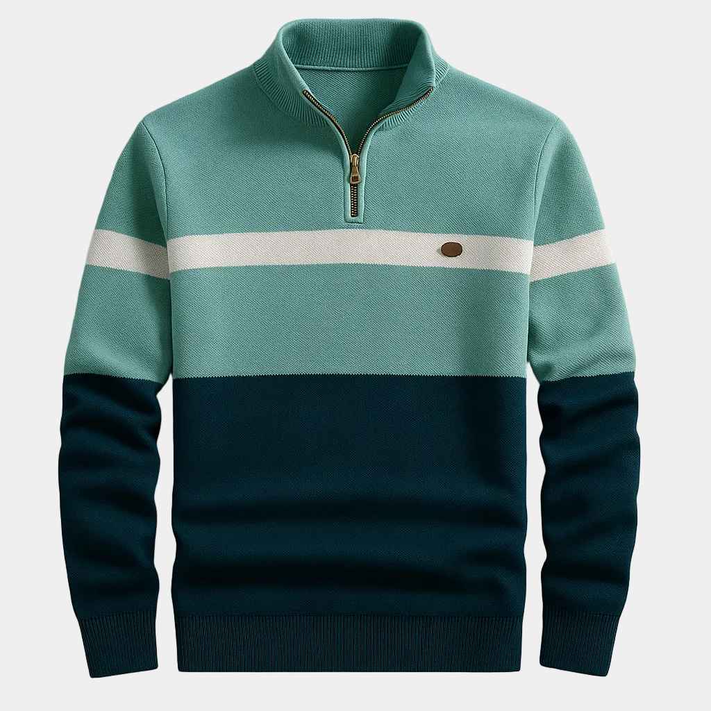 Men's Quarter-Zip Sweater – Knit, Striped, Stand Collar