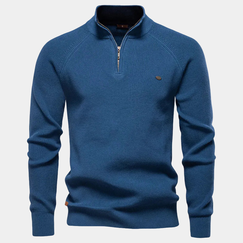 Men's Fine-Knit Quarter-Zip Sweater with Stand Collar