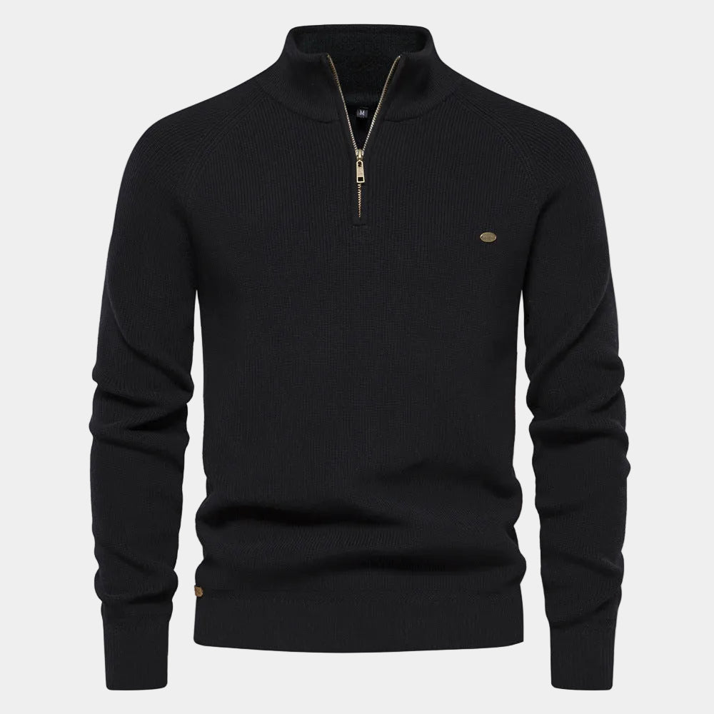 Men's Fine-Knit Quarter-Zip Sweater with Stand Collar