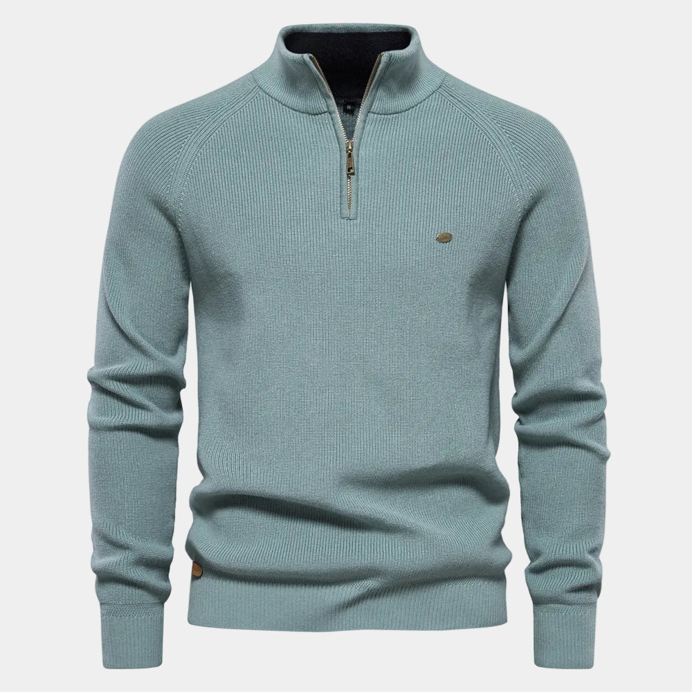 Men's Fine-Knit Quarter-Zip Sweater with Stand Collar