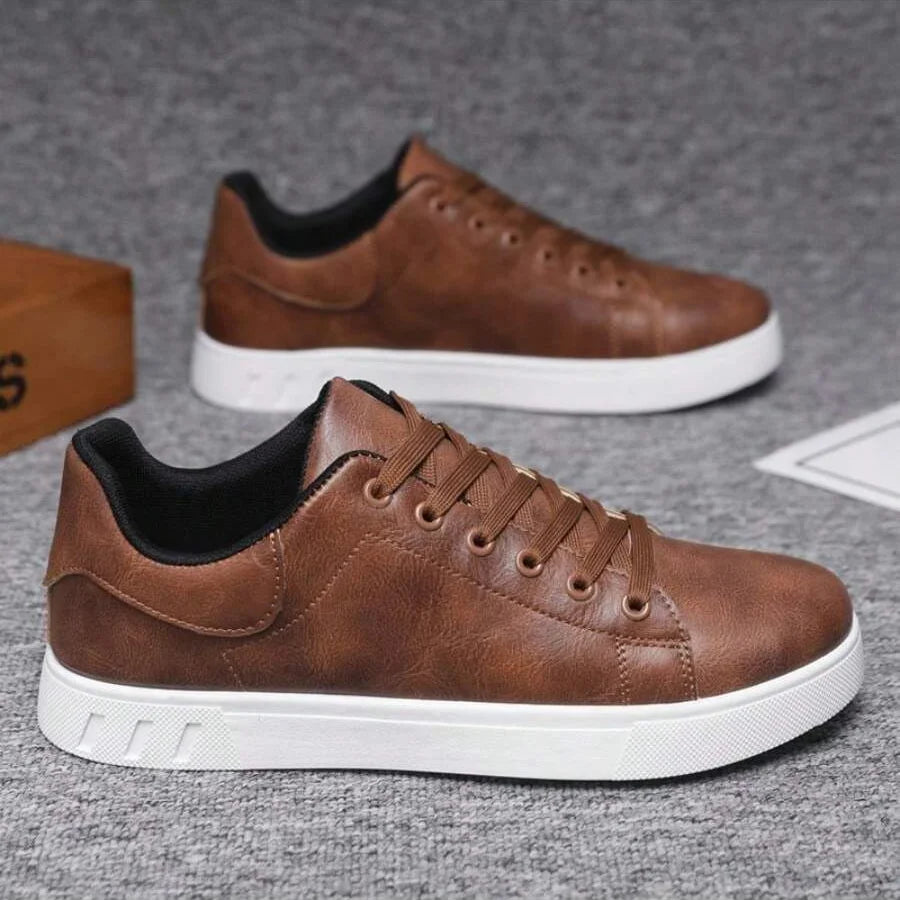 Men's Low Top Faux Leather Sneakers with Contrast Sole