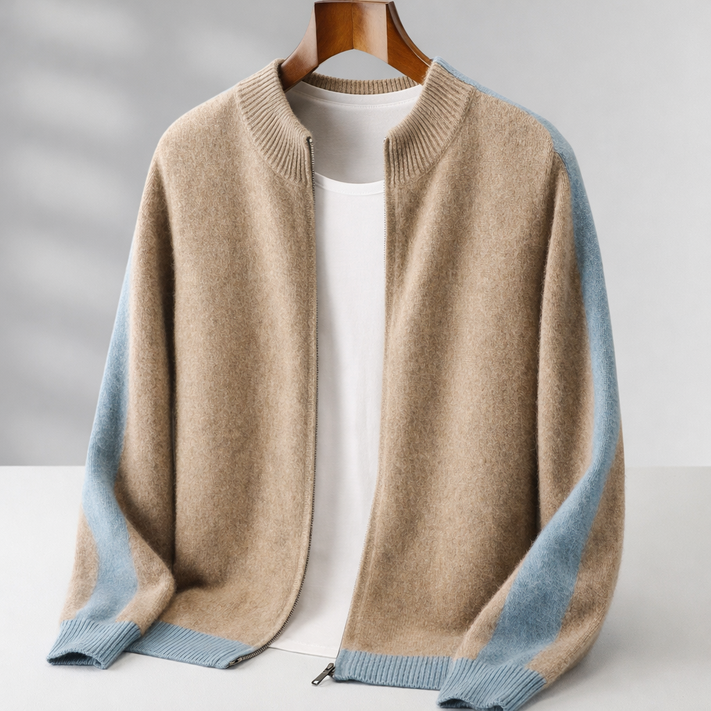 Men's Knit Zip-Up Jacket with Contrast Sleeves