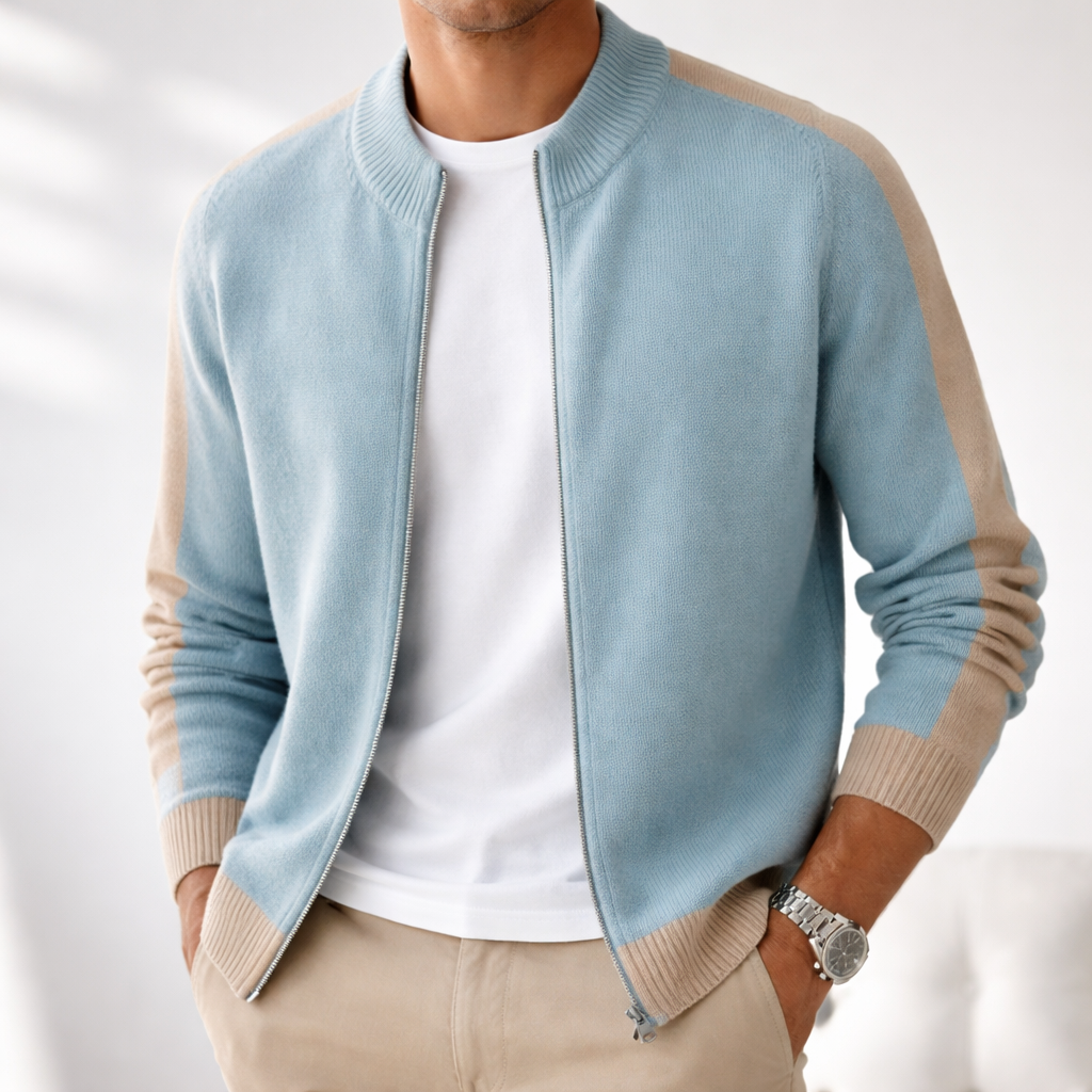 Men's Knit Zip-Up Jacket with Contrast Sleeves