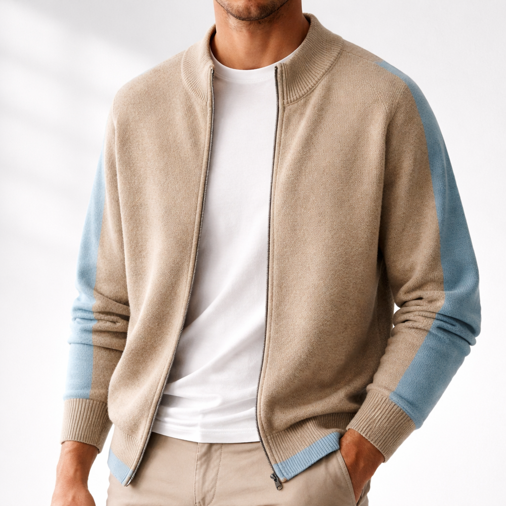 Men's Knit Zip-Up Jacket with Contrast Sleeves