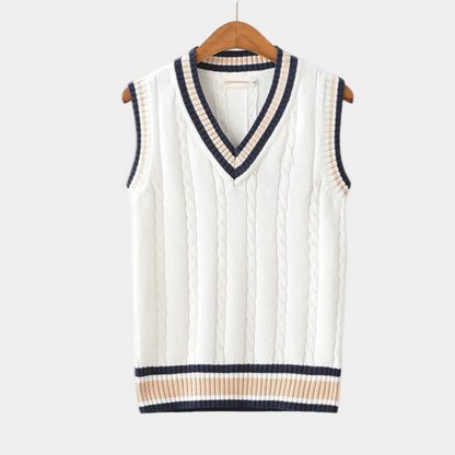 Men's Cable Knit V-Neck Sweater Vest with Striped Trim