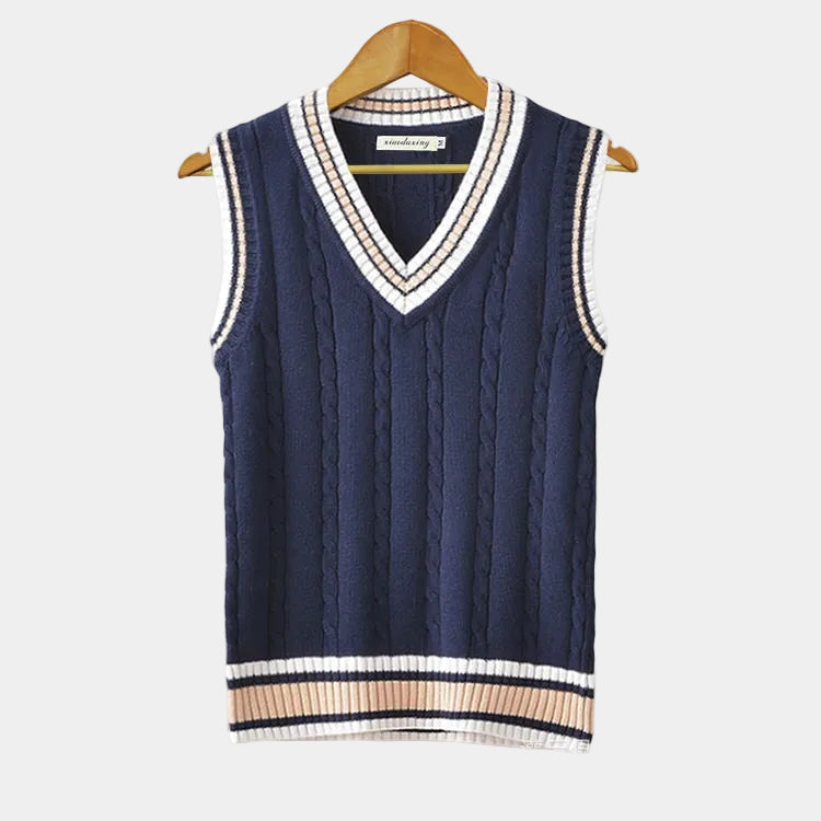 Men's Cable Knit V-Neck Sweater Vest with Striped Trim