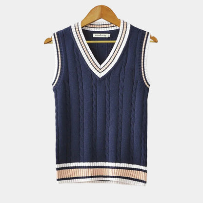 Men's Cable Knit V-Neck Sweater Vest with Striped Trim