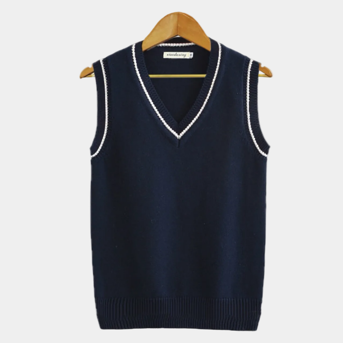 Men's Cable Knit V-Neck Sweater Vest with Striped Trim