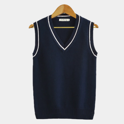 Men's Cable Knit V-Neck Sweater Vest with Striped Trim