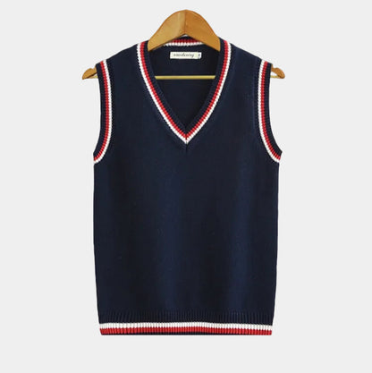Men's Cable Knit V-Neck Sweater Vest with Striped Trim