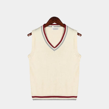 Men's Cable Knit V-Neck Sweater Vest with Striped Trim