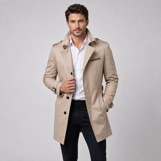 Men's Trench Coat – Slim Fit, Epaulets, Zip Pocket