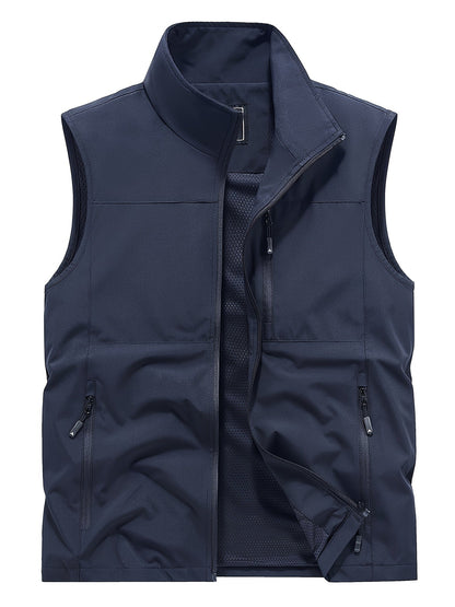 Men's Outdoor Vest with Stand Collar and Zip Pockets