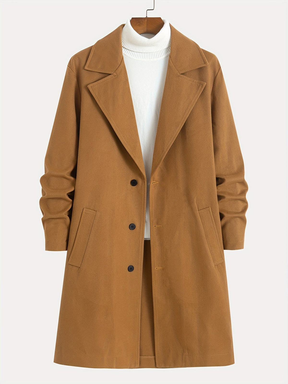 Men's Long Coat with Lapel Collar and Pockets