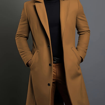 Men's Long Coat with Lapel Collar and Pockets