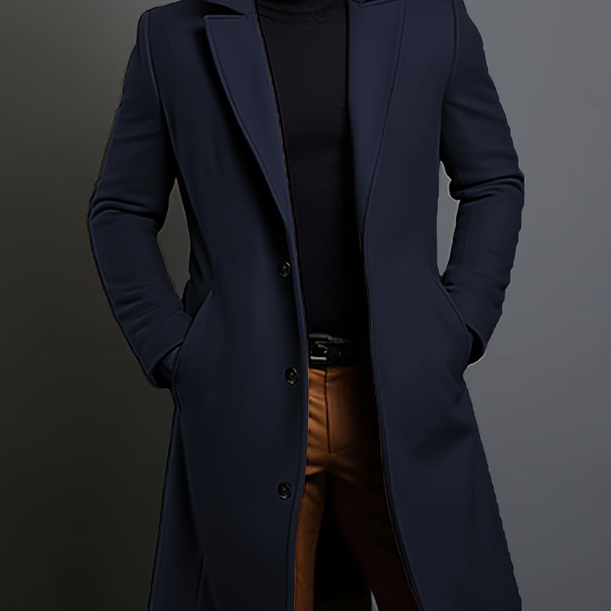Men's Long Coat with Lapel Collar and Pockets