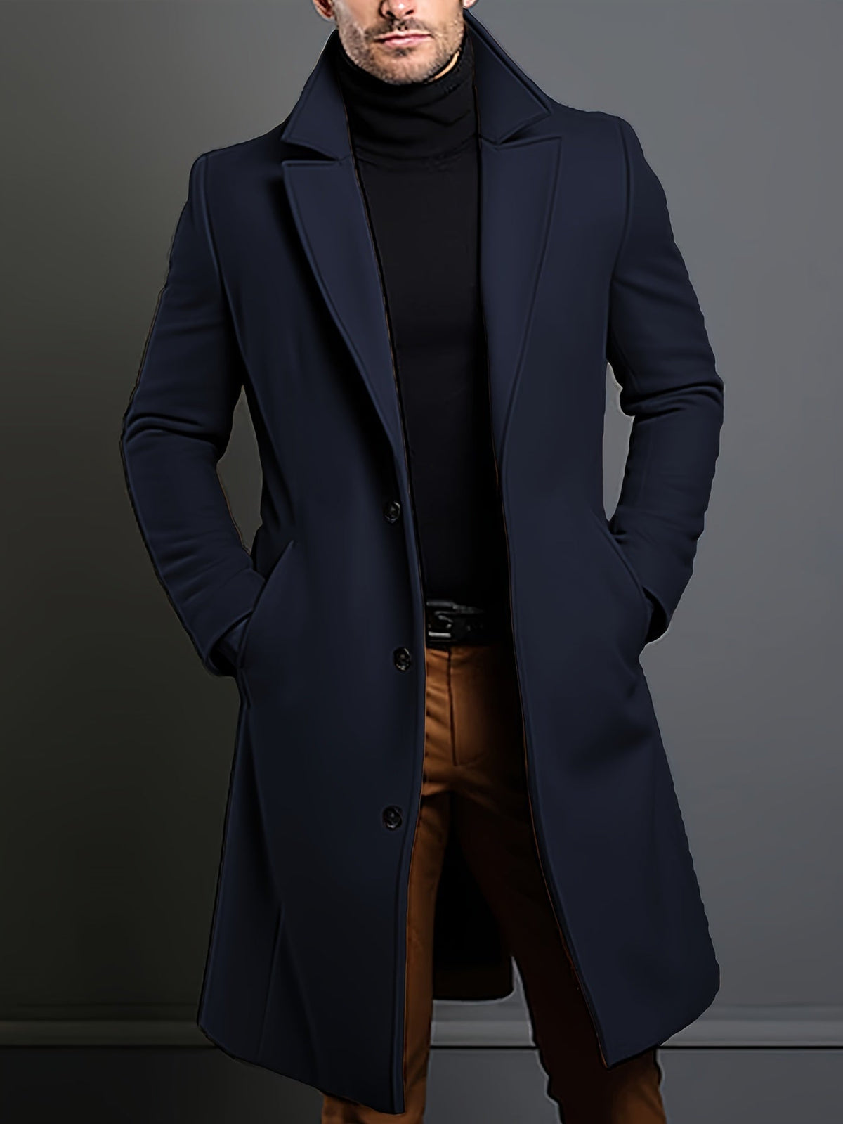 Men's Long Coat with Lapel Collar and Pockets