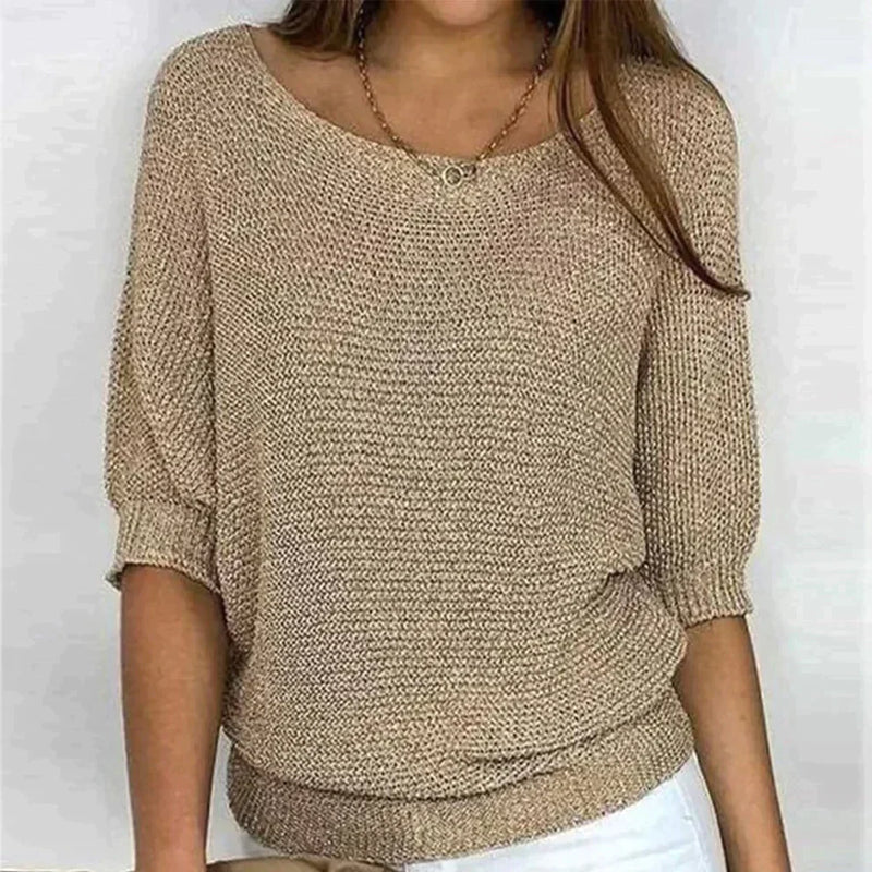 Women's Open-Knit Sweater – Wide Neck, Half Sleeve