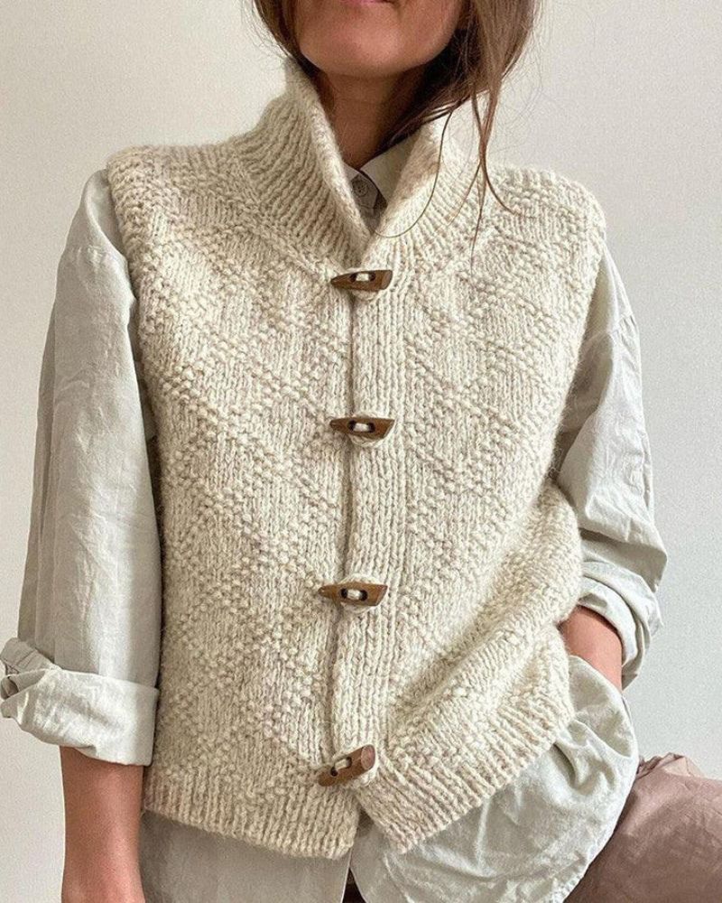 Women's Knit Vest with High Collar and Toggle Buttons