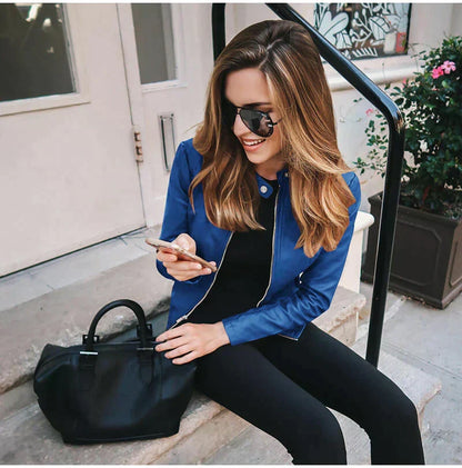 Women's Faux Leather Jacket with Stand Collar
