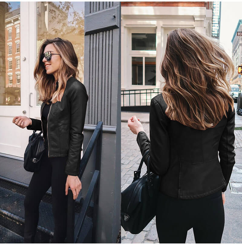 Women's Faux Leather Jacket with Stand Collar