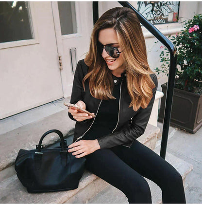 Women's Faux Leather Jacket with Stand Collar