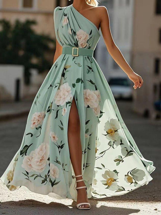 Julie | Light Green Floral Chiffon One-Shoulder Maxi Dress 0