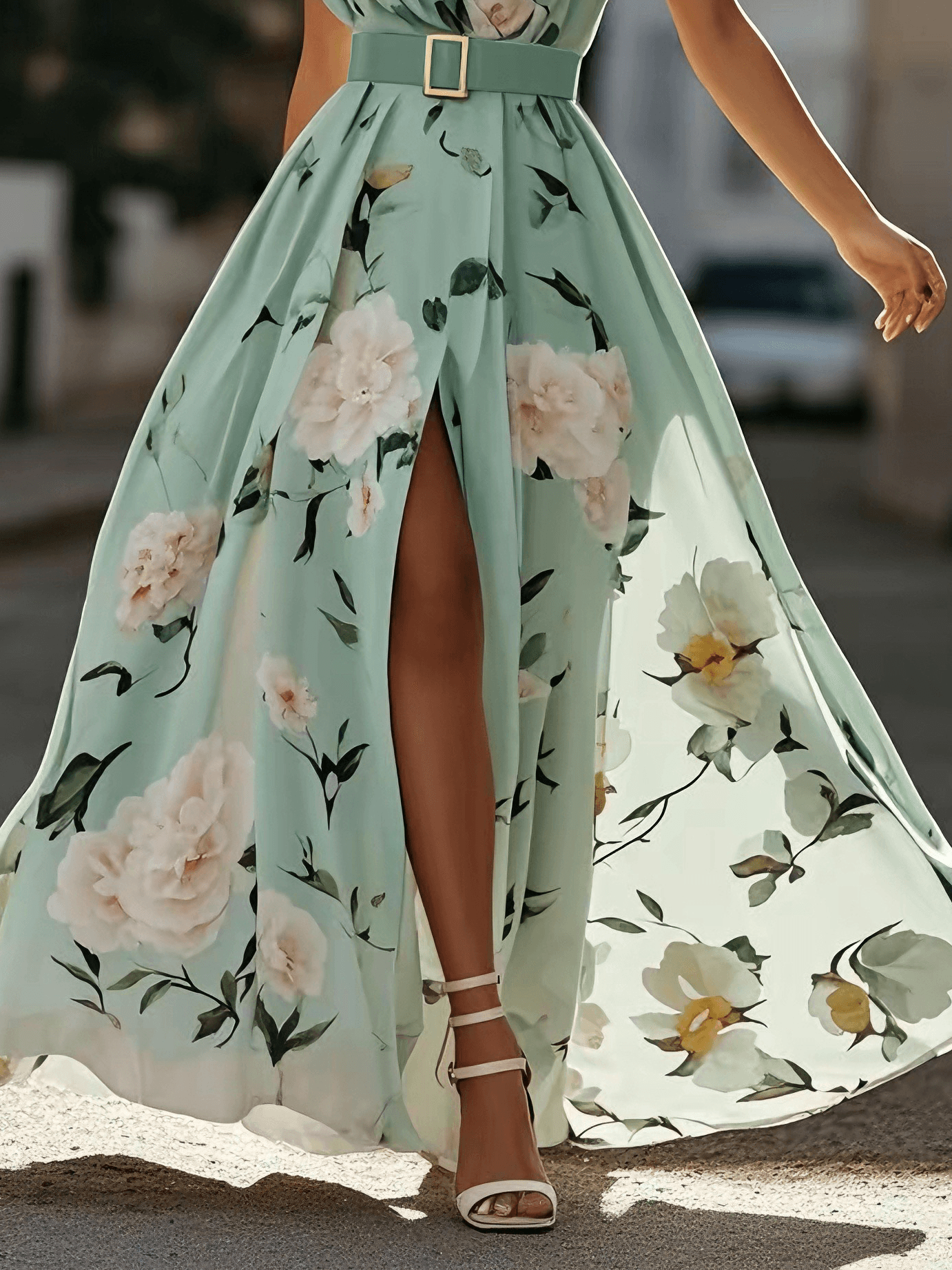 Julie | Light Green Floral Chiffon One-Shoulder Maxi Dress 5
