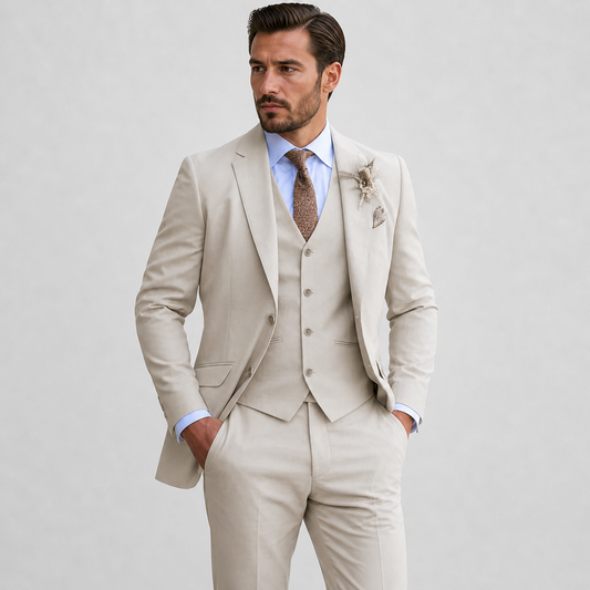 Men's Linen Three-Piece Suit Blazer Vest and Pants Notch Lapel