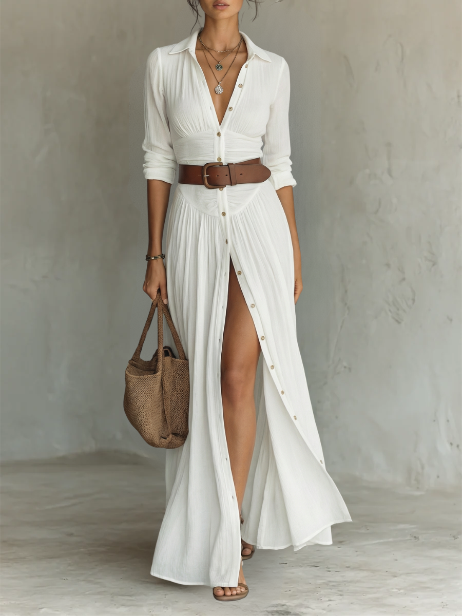 Long Maxi Dress with Notched Collar and Long Sleeves for Women 0
