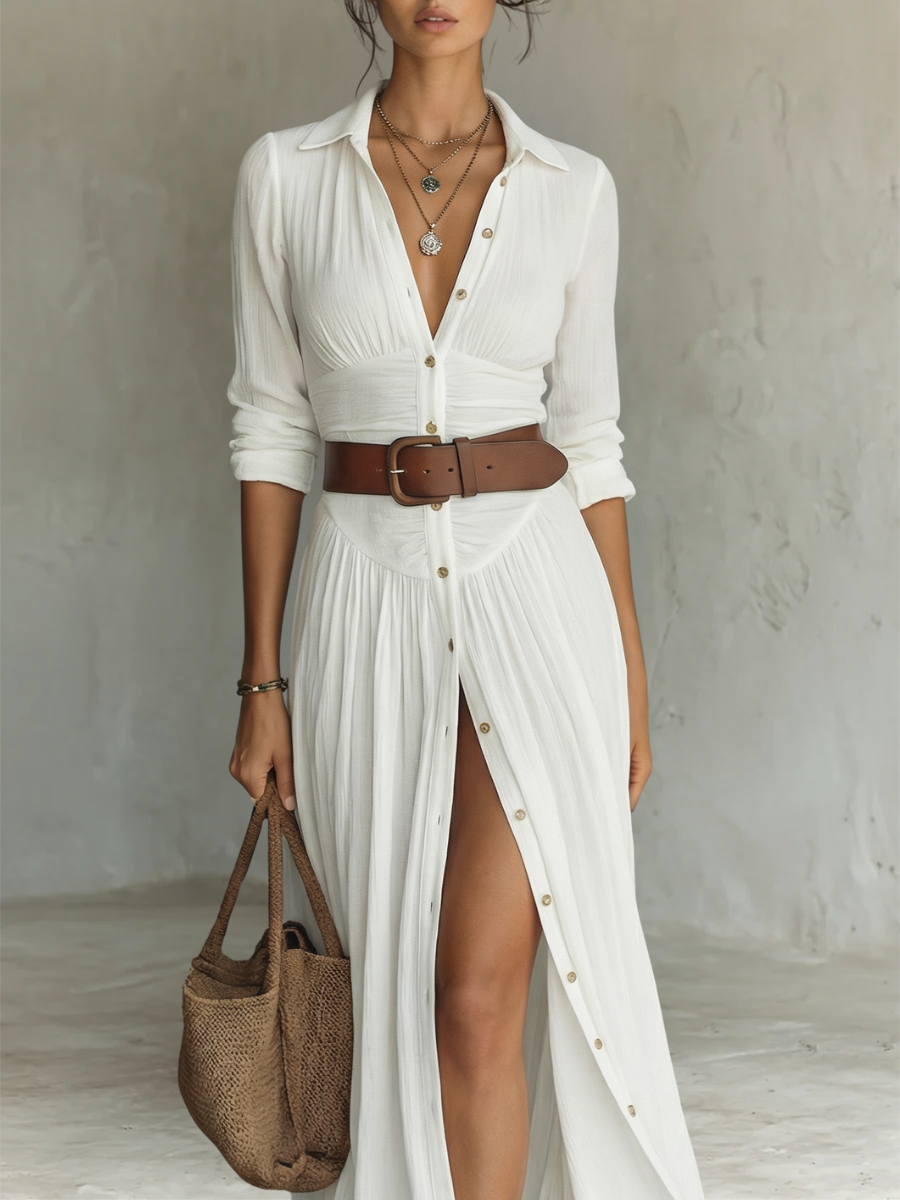 Long Maxi Dress with Notched Collar and Long Sleeves for Women 2